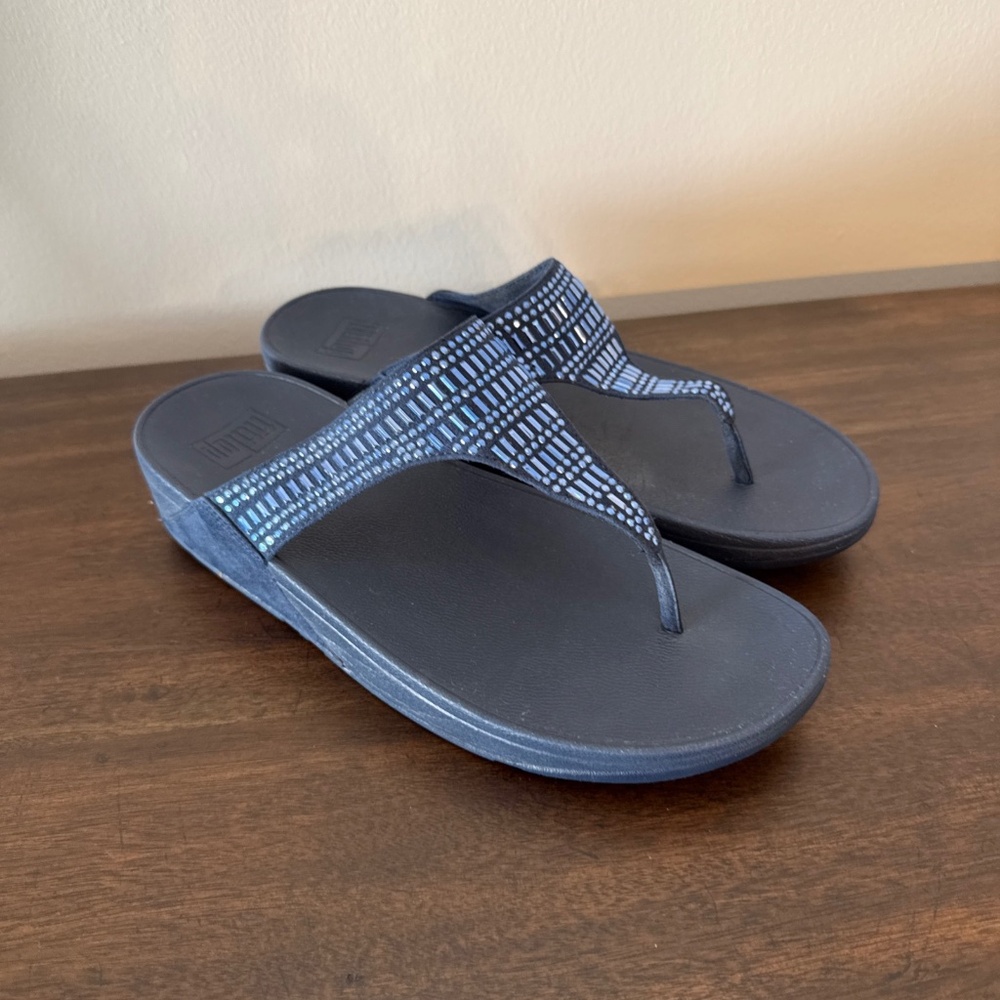 Fitflop Women T Strap Thong Wedge Stylish Sandals Shoes Sz 10 Blue Sparkle